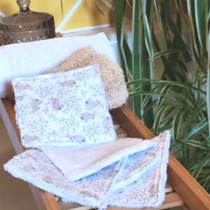 Pack de 5 lingettes lavables bébé en coton motif lapins et éponge de bambou - Cœur de Pinpin