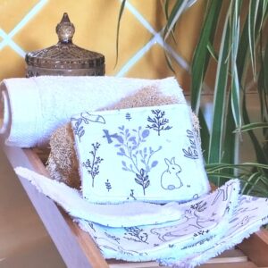 Pack de 5 lingettes lavables bébé en coton motif animaux de la forêt et éponge de bambou - Cœur de Pinpin